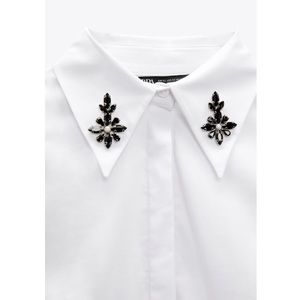 NWT Zara Jewel Poplin white shirt. lapel collar jewel appliqué long sleeves.